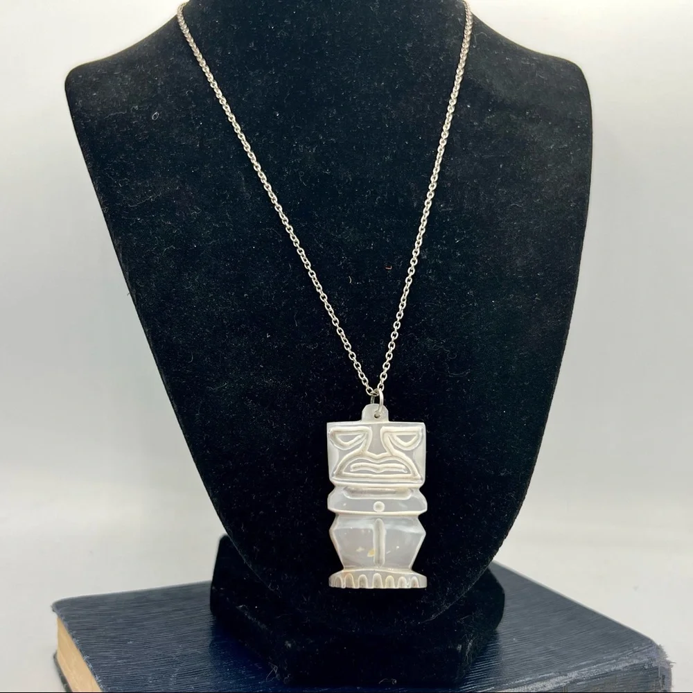 Vintage reversible carved mother of pearl tiki pendant tribal unique 18”